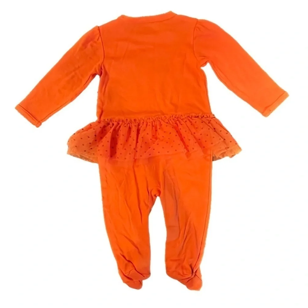 Cute baby girl Jack-o-Latern Halloween onsie with feet and skirt